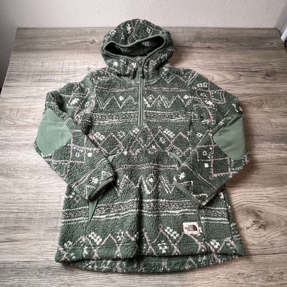 The North Face Fleece Hoodie Womens Medium Green Fair Isle Quarter Zip Sherpa